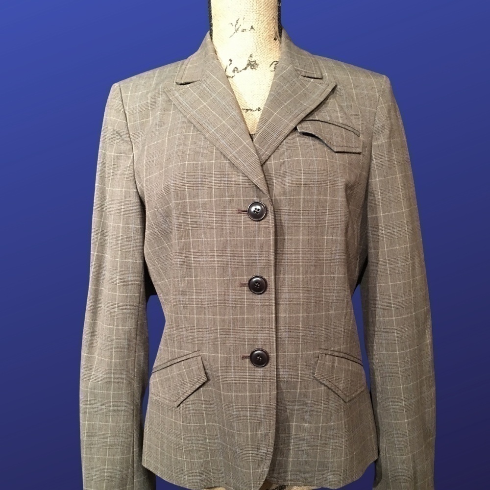 𝅺kenneth COLE Brown/Blue GLEN PLAID/Windowpane Career BLAZER, Size 10